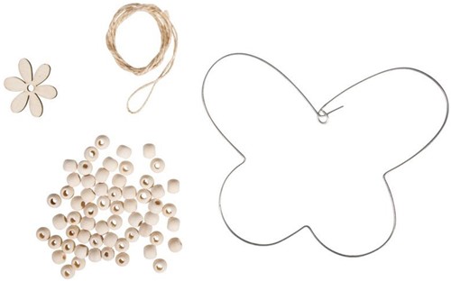 Draadvlinder met houten kralen, 17,5x13cm , om te hangen, Compleet