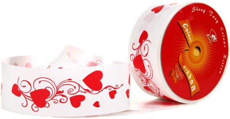 Poly Ribbon Scheur cadeaulint Wit + Rode Hartjes 50mm 100yard