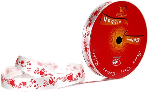 Krullint Cadeaulint White Rood Hearts 15 mm rol 20 yards