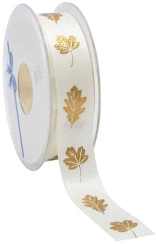 Enkelzijdig Satijn lint Herfst Autumn Leafs Ivory met Goud blad 23 mm per meter