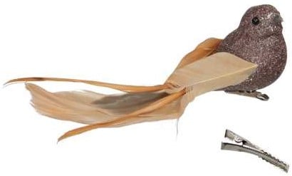 Champagne bruine vogeltjes glitter met clip 16x4 cm 4 stuks