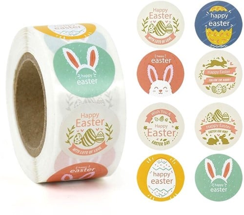 Sluitstickers Happy easter bunny pasen voorjaar rond etiket 2,5 cm rol 500 labels
