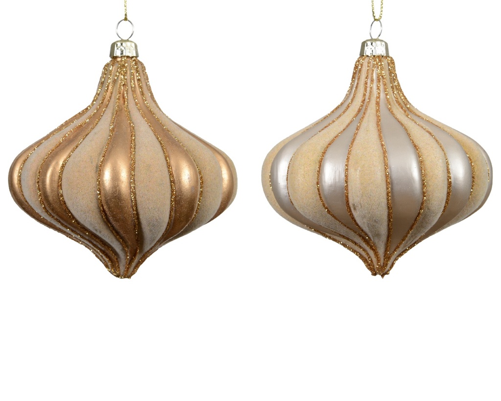 Kerstballen druppelvorm 10 cm Flock goud en beige onbreekbaar set 2 stuks