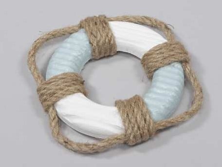 [A-013423] Reddingsboei Hout Maritiem Blauw/Wit met Dik Touw 11 cm