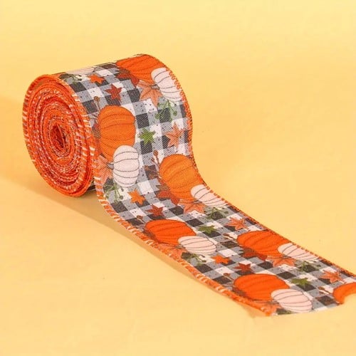 [A-024887] Halloweenlint pompoen zonnebloem Black White Checked Rood Pumpkin Yellow leaves met draad rol 