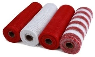 [A-025392] Decomesh Metallic Set Rood Wit en Rood Wit gestreept 26 cm rol 9 meter 4 rollen voor kransen en inpakken