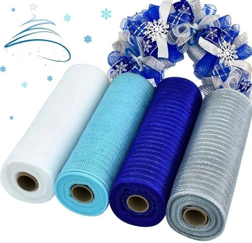 [A-027315] Decomesh Metallic Set Blauw Wit Zilvertinten 26 cm rol 9 meter 4 rollen voor kransen en inpakken