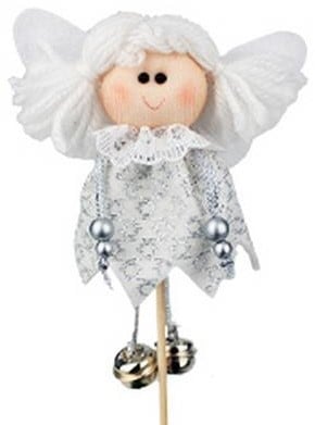 [A-016408] Bijsteker Engel met belletjes Wit 10x10 cm +15 cm stok per stuk