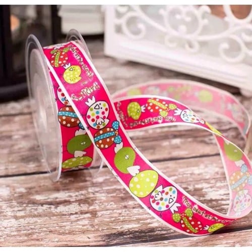 [A-027426] Lint met draad Roze Paaskuikens Oeuf Cocottes 25 mm x 20 m