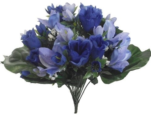 [A-015982] Rouwboeket Zijden Roos Blauw Rosebud met Alstroemeria 38 cm
