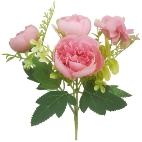 [A-024703] Boeketje Ranonkel Hortensia Hydrangea en Besjes Roze Zijdenbloem 27 cm