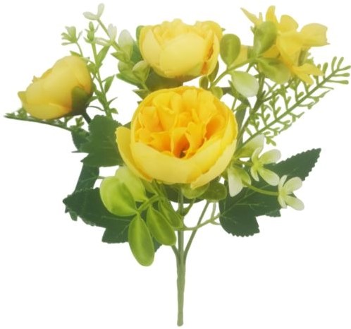 [A-024705] Boeketje Ranonkel Hortensia Hydrangea en Besjes Geel Zijdenbloem 27 cm