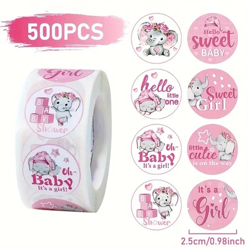 [A-027410] Sluitstickers Babygirl olifantje rond etiket 2,5 cm rol 500 labels
