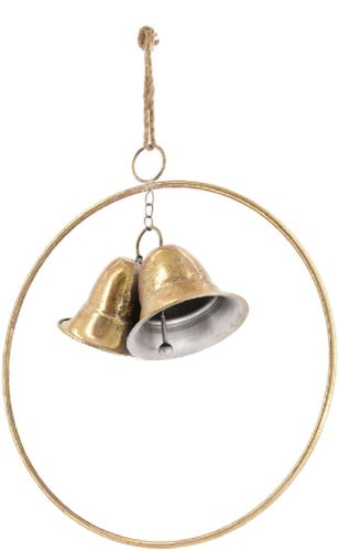 [A-023445] Metalen ring met 2 bellen Oud Goud Whitewash 38x12 cm per stuk