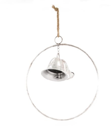 [A-023446] Metalen ring met 2 bellen Oud Zilver Whitewash 38x12 cm per stuk