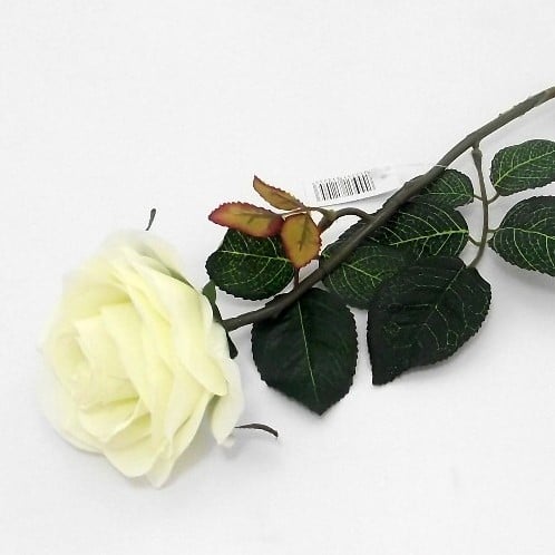 [A-024545] Zijden Roos Wit open met blad per stuk 