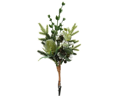 [A-027659] Kersthanger Winters Groen, distel met Clip Groen Wit 22 cm Per Stuk