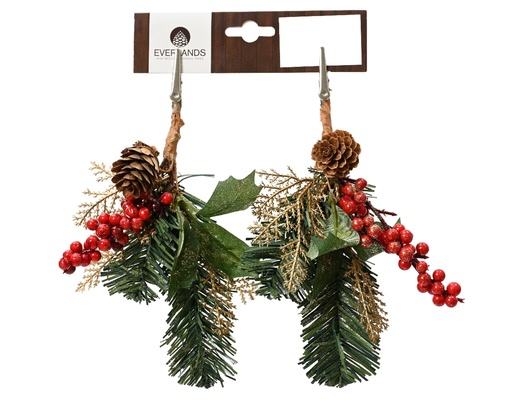 [A-027662] Kersthanger Dennengroen en besjes met Clip Rood Groen 22 cm Per Stuk