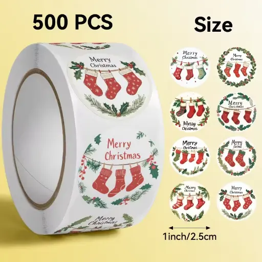[A-027821] Sluitstickers Kerstetiketten Merry Christmas kerstsokken rond etiket 2,5 cm rol 500 labels