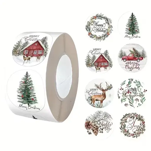 [A-027822] Sluitstickers Kerstetiketten Merry Christmas rustieke kerst rond etiket 2,5 cm rol 500 labels