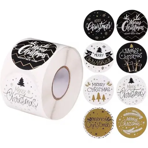 [A-027838] Sluitstickers kerstetiketten Merry Christmas Chique rond etiket 2,5 cm rol 500 labels 