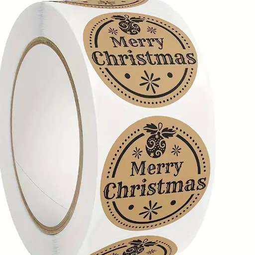 [A-027841] Sluitstickers kerstetiketten Merry Christmas Kraft en zwart rond etiket 2,5 cm rol 500 labels