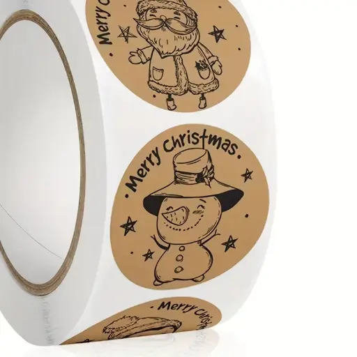 [A-027844] Sluitstickers kerstetiketten Merry Christmas Kraft Illustratie rond etiket 2,5 cm rol 500 labels