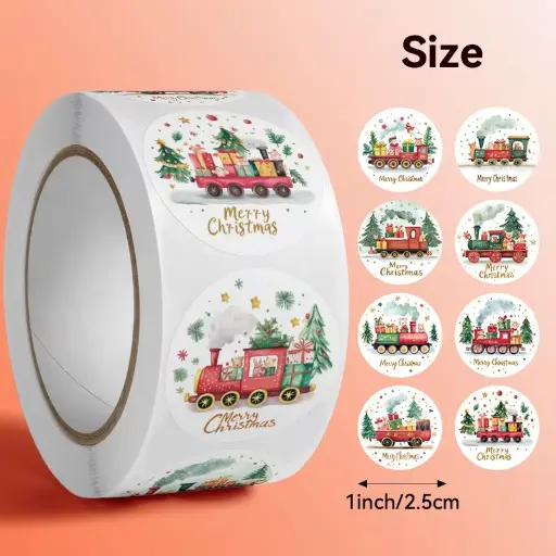 [A-027855] Sluitstickers kerstetiketten Merry Christmas Kersttrein rond etiket 2,5 cm rol 500 labels  