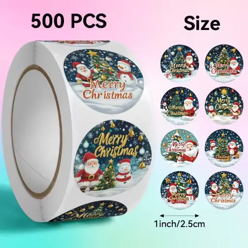 [A-027856] Sluitstickers kerstetiketten Merry Christmas Donkerblauw rond etiket 2,5 cm rol 500 labels