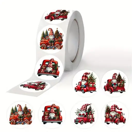 [A-027857] Sluitstickers kerstetiketten Kerststickers Rode Truck & Kabouters rond etiket 2,5 cm rol 500 labels 