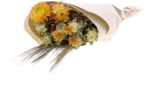 Droogbloemenboeket Orange Helichrysum/ Bidens / Triticum black wisps Droogbloemenpakket in kraft