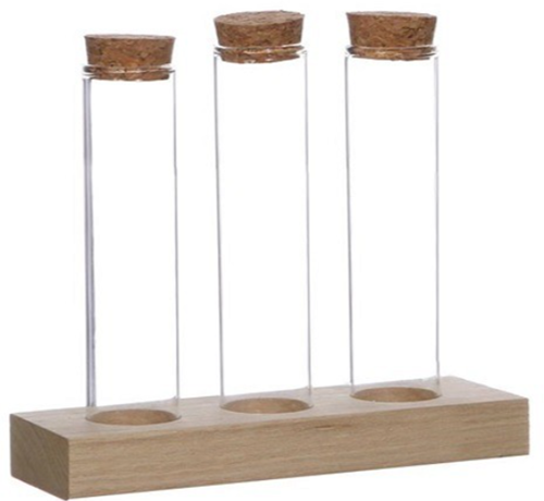 3 Flesjes met kurk in houder brievenbuscadeautje Wood holder h.15 Ø3 cm wood holder w. 3 tubes w. cork