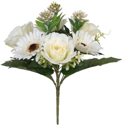 Boeketje Roos, Gerbera en Succulent 33cm ROSE GERBERA AND SUCCULENT BUSH IVORY Zijdebloem flowerwall vuller