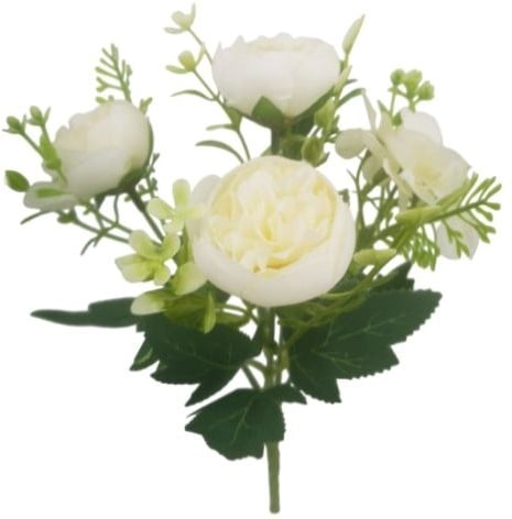 Boeketje Ranonkel, Hortensia en besjes  27cm RANUNCULUS HYDRANGEA AND BERRY BUSH Roomwit Zijdebloem vuller