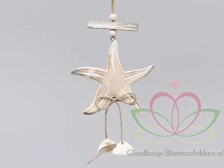 Houten deco Zeester schelpenhanger +/- 10 cm. Houten deco Zeester