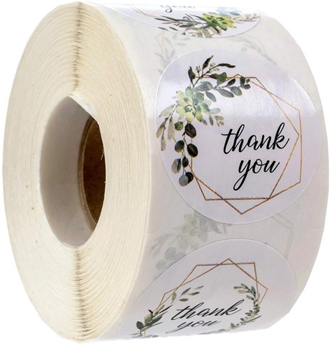 Actie 500 Stickers Labels Rol Thank you 4 designs Greenery van E 8.99 voor E 5.99 rol sluit etiketten