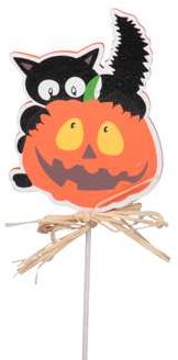 Bijsteker Halloween Hout met Kat en Pompoen Oranje/zwart 6*7.5cm/ pak 10 Bijsteker