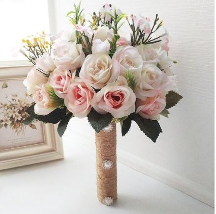 Bruidsboeket Luxe Zijde Rond Gemengde bloemen Lichtroze met jute handvat en parels Bruidsboeket Rozen Kant en klaar