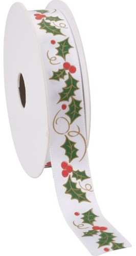 Actie: Bedrukt Lint Hulst - Kerstlint 16 mm x 3 m Kerstlint  van E 5.99 voor E 3.99
