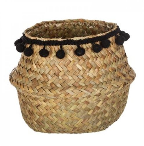 Mand Zeegras met zwarte pompoms 16*14cm / st Mand Zeegras