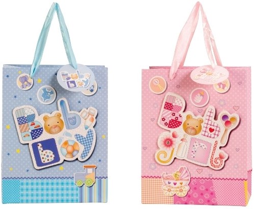 Geschenktasje Cadeau tas "Baby with Glitter + Aplication" 2 assorti cadeauverpakking, giftbag