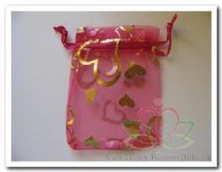 Giftbag organza Fuchsia golden Heart +/-7*9 cm. Giftbag organza Fuchsia