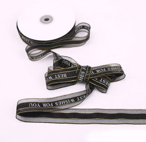 Lint 25MM 5M Best Wishes Organza Zwart Bedrukt lint