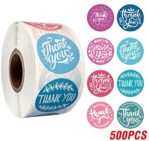 500 Stickers Labels Rol Thank you Roze en blauw rol etiketten  