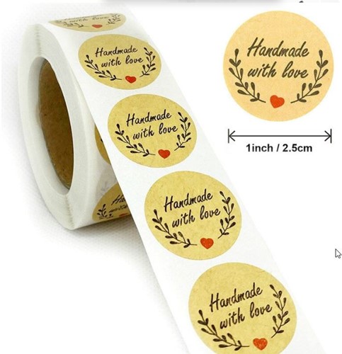 500 Stickers Labels Rol Handmade with love Olijf+hartje rol kraft etiketten