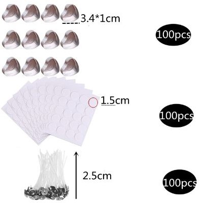 Set voor waxinelichtjes met 100 Hartvormige Aluminiumcupjes voor Waxinelichtjes 100 lontjes en 100 stickers