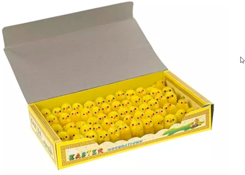 Big box Chenille kuikentjes geel +/- 3, 5 cm. doos 84 stuks Chenille kuikens