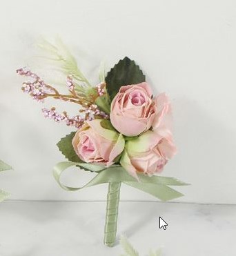Luxe Corsage, corsage van zijderoosje LichterRoze groen passend bij 024594 Schitterende kwaliteit Boutonnière op pinclip met speld