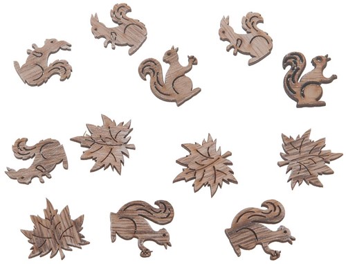 Houten Eekhoorntjes & Bladeren 1,5-2x0. 2x3-4cm. 12st Houten figuurtjes