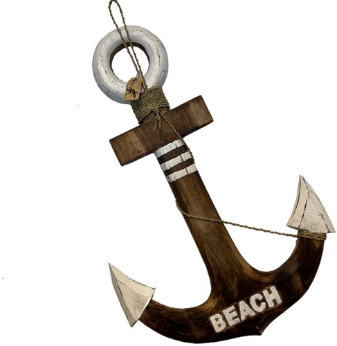 Maritiem Houten Decoratie Anker "Beach" 60cm incl touw Houten Anker